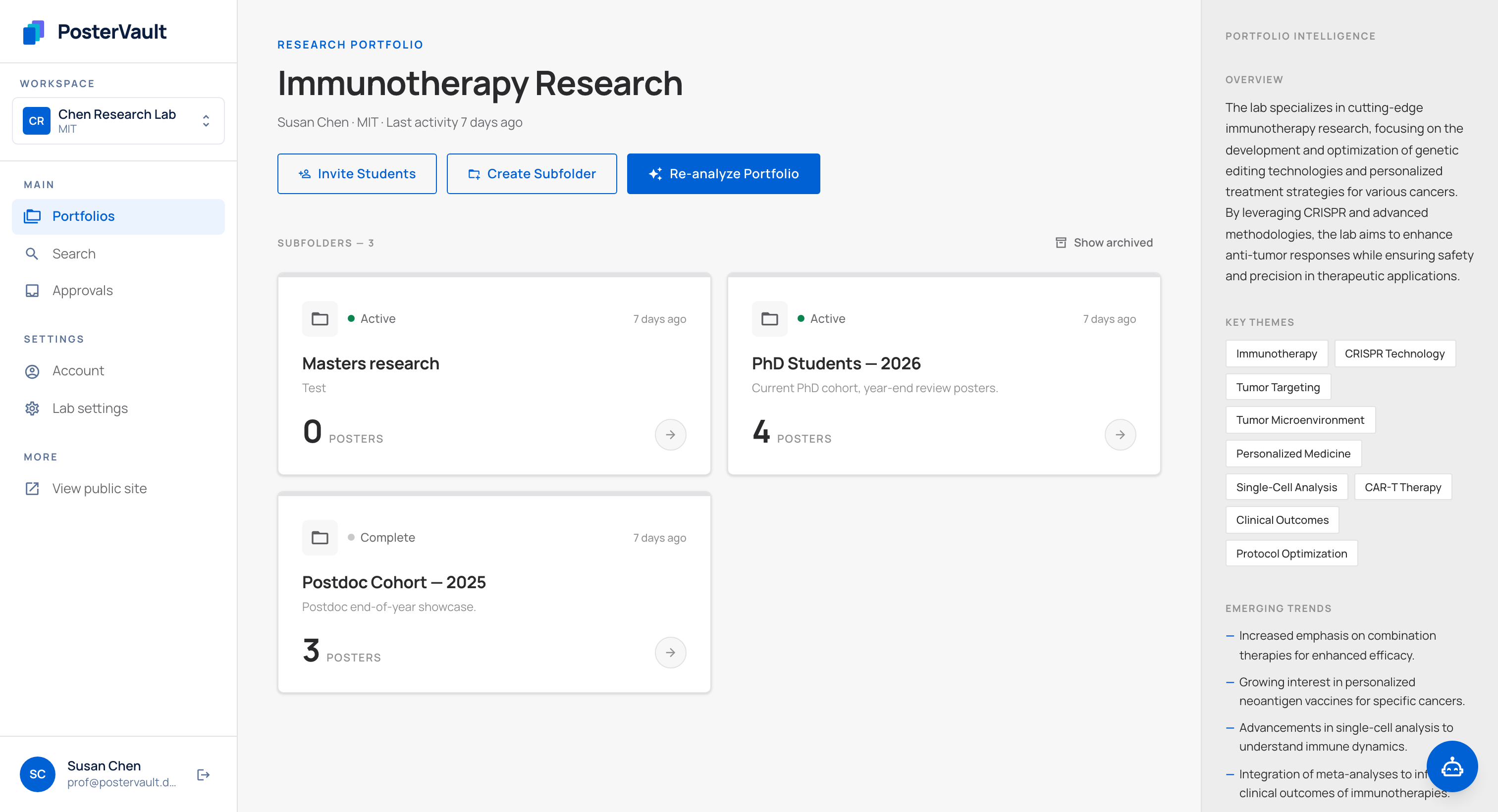A PosterVault lab dashboard showing a research portfolio with subfolders, themes, and intelligence panel.